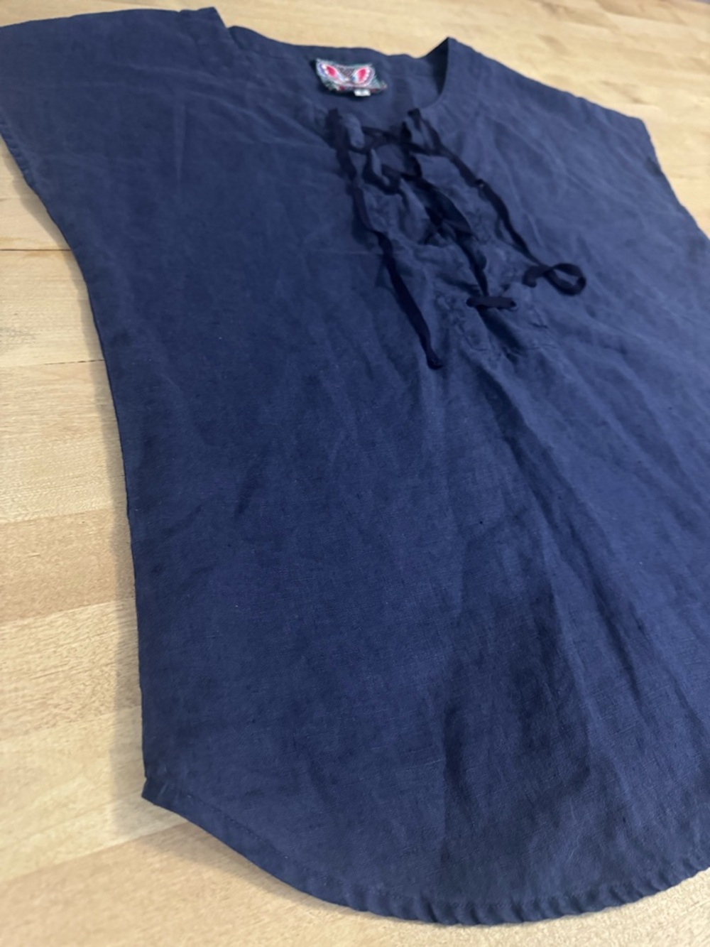 Johnny Was Navy Lace-Up v neck blouse top - Picture 2 of 7